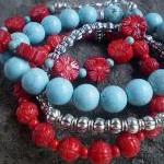 Turquoise And Red Four Bracelet Stack